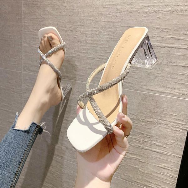 

slippers female shoes womens outdoor heeled mules slides fashion square heel 2021 high luxury block rubber pu hoof, Black