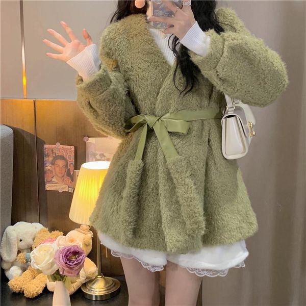 

women's jackets autumn and winter korean style high street v-neck imitation lamb wool coat fashion lace up plush warm jacket, Black;brown