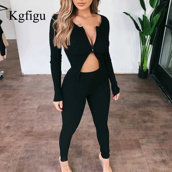 KGFIGU Inverno Dois Pedaço Set Mulheres Sexy Club Outfits Manga Longa Zíper Casacos Roupas Workout Tracksuit Algodão Fitness Calças macias Y0625