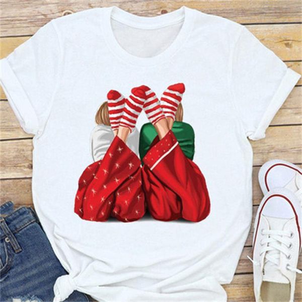 

women's t-shirt christmas sisters good friends cartoon print ladies short-sleeved santa claus bear, White