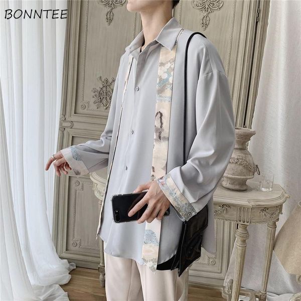 

men's casual shirts men patchwork solid spring korean style chic leisure oversize mens outwear soft long sleeve all-match teens trendy, White;black