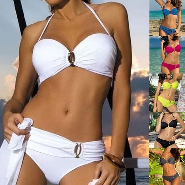 

women 2pcs bikini set halter u-clip underwire swimsuit solid bathing suit one-piece suits