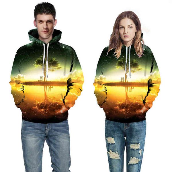 

men's nnd women's sweatshirts 3d hoodie star tree digital printed hoodie et, Black