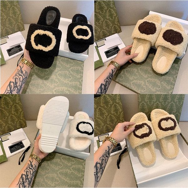 

luxury designer slippers sandals furry slides winter warm wool slide sandals women shoes with original box dust bag black white begin fashio