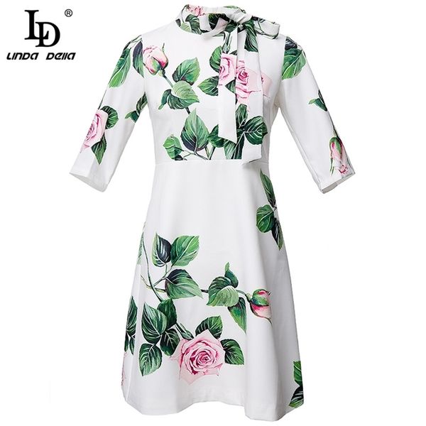 Мода взлетно-посадочная полоса лето мини-платье женщины элегантный галстук бабочка роза цветок печати винтажная вечеринка короткие Vestidos 210522