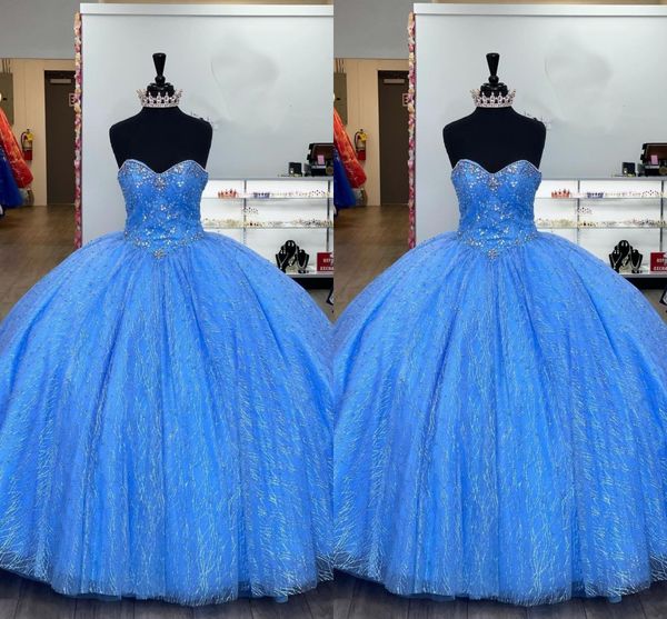 

2022 sparkly pearls crystal prom sweet 16 dresses strapless ball gowns sequined tulle lace-up quinceanera dress princess womens, Blue;red