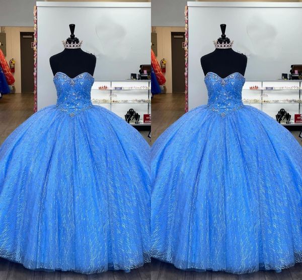 

2022 sparkly pearls crystal prom sweet 16 dresses strapless ball gowns sequined tulle lace-up quinceanera dress princess womens, Blue;red