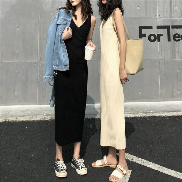 

sweaters women sweater vest and knitting dress korean style long maxi sleeveless black pull vestidos sueter mujer vneck jumper, White;black