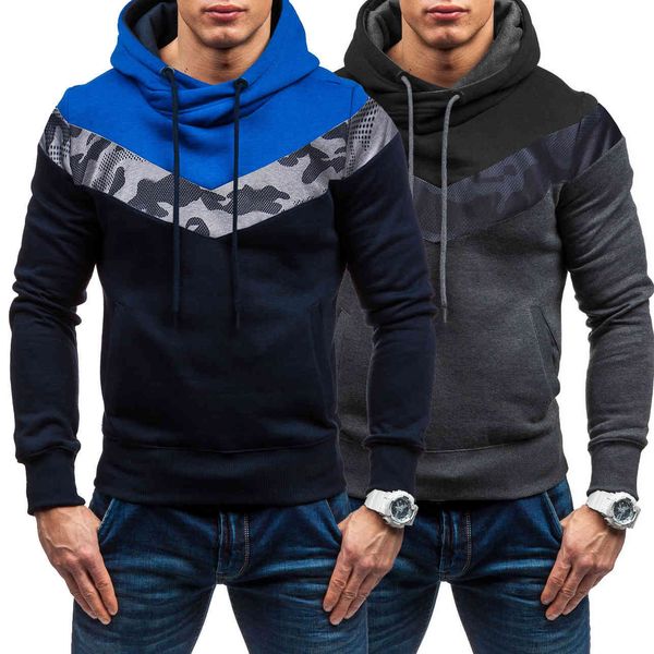 

fashionable sweaters for men camouflage hoodies splicing color matching pullover men's hooded sweater 3805, Black