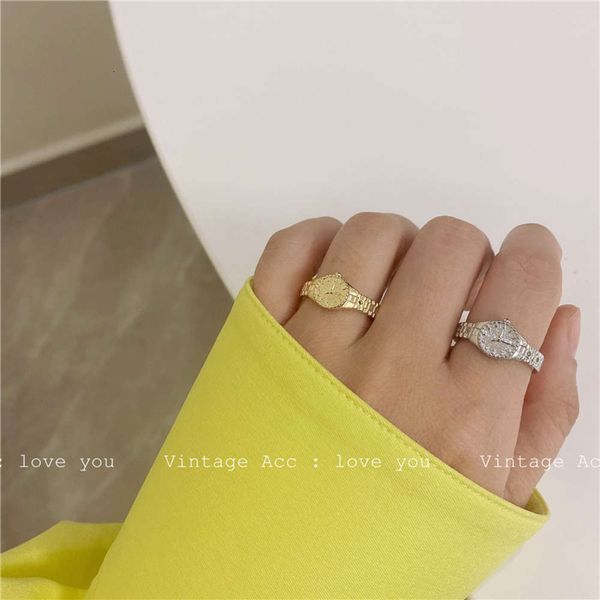 

geometric watch korean dial ins opening metal wind commuting ring female, Black