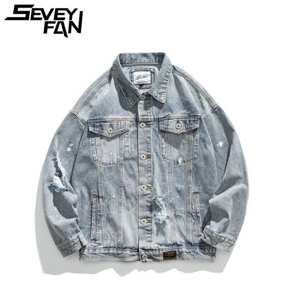 

men's jackets seveyfan denim jacket washed paint hole to distressed personality coat couple casual tooling, Black;brown