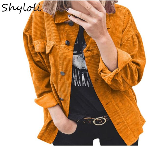 

women's jackets shyloli women fall winter 2021 5 colors solid corduroy buttoned cardigan long sleeved lapel loose padded shirt jacket, Black;brown