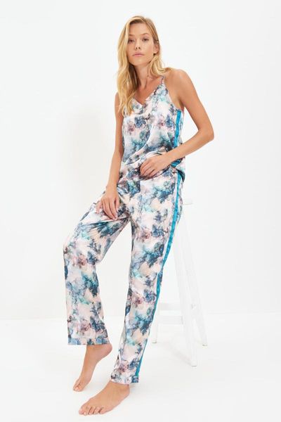 

men's sleepwear trendyol water color patterned satin pajamas set thmaw22pt0463, Black;brown