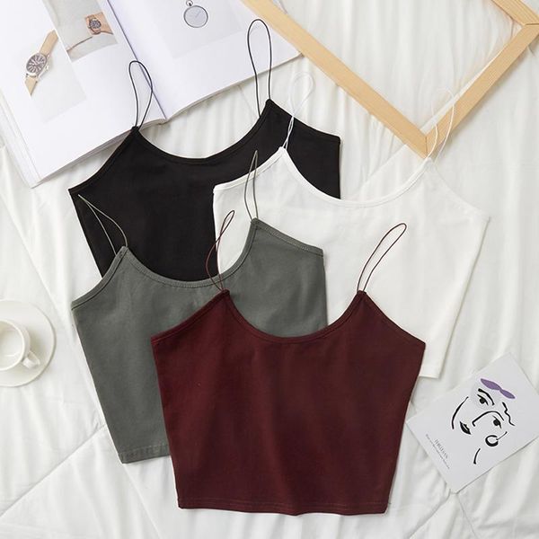 

women's tanks & camis lucyever summer short strap vest 2021 slim fit solid color sleeveless crop woman pure cotton undershirts, White