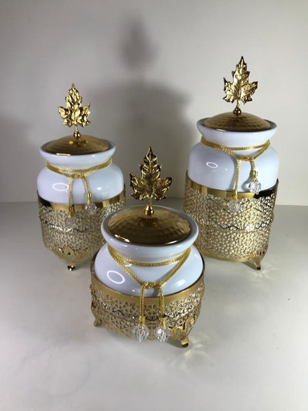 

storage bottles & jars 3 piece porcelain spice coffee tea rice jar gold colour kitchen set classical design luxury metal stylish decorative