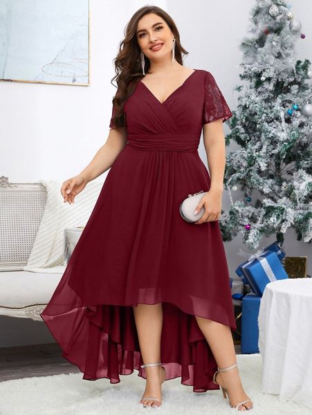 

plus contrast lace surplice front asymmetrical hem dress y6a0#, Black