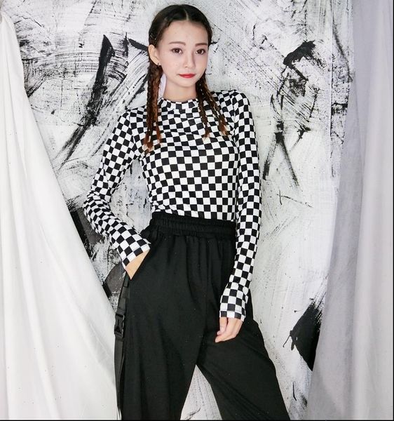 

women womens black white plaid checkerboard basic t shirts long sleeve high neck female slim shirt tee casual