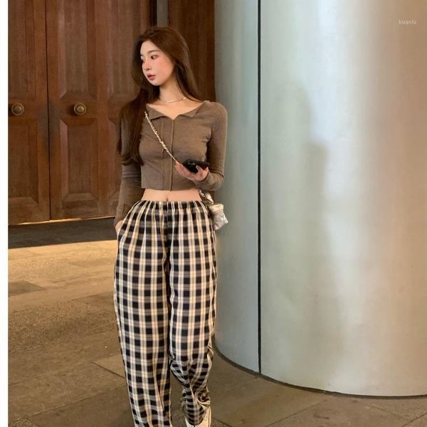 

women's pants & capris two piece suit vintage style ins aesthetic pockets straight elastic waist plaid wide leg clothing 2021 autumn, Black;white
