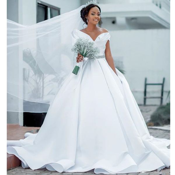 

elegant off shoulder ruched sweep train wedding dress bridal gowns vestidos de novia modest simple new arrival a line wedding dresses, White