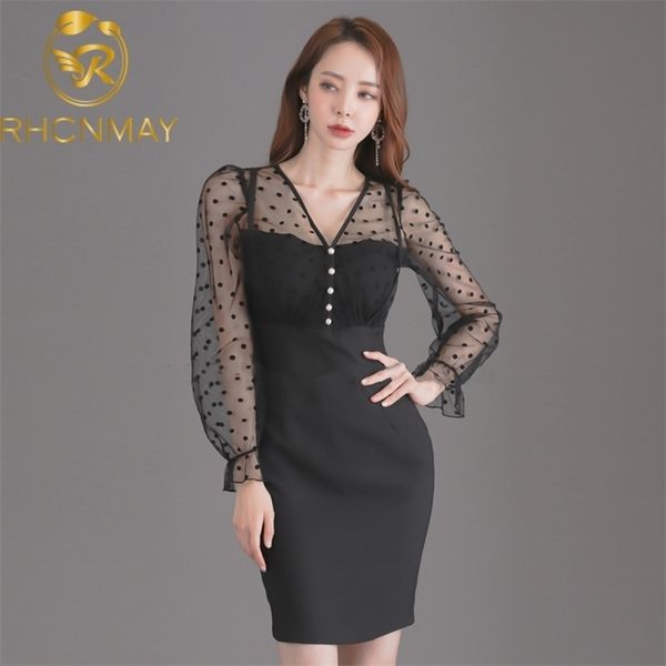 

autumn korean women perspective wave point mesh splicing sleeve v-neck slim package hip dress 210520, Black;gray
