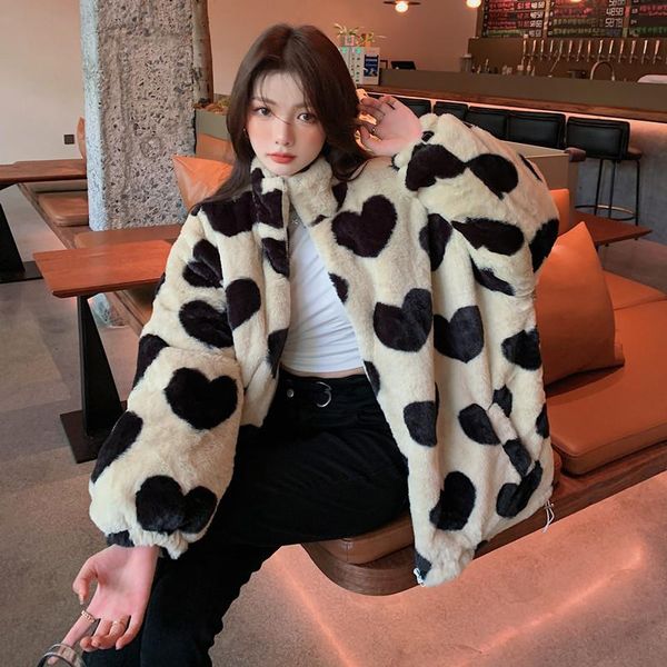 

women's wool & blends 2021 winter women warm faux fur coat love heart pattern plush classic loose, Black