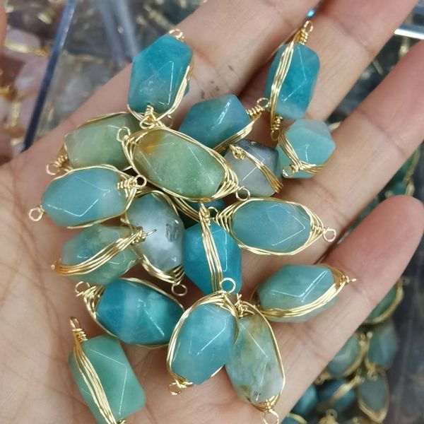 

fashion natural amazon stone wrapped polygon handmade golden wire pendants connector for jewelry making 6pcs/lot wholesale, Silver