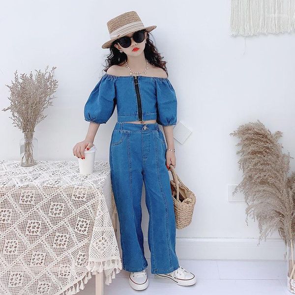 

summer girls 2 pcs set baby blouse + jeans kids denim suits children clothes streetwear zipper low cut puff sleeve 3 to 12 yrs1, White