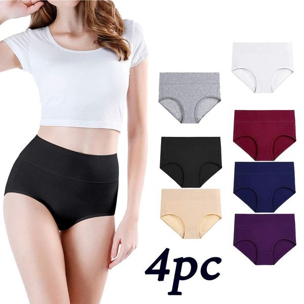 

women's panties 4pcs plus size for women underwear high waist briefs abdomen cotton underpants solid breathable summer female #t1g #t2g, Black;pink