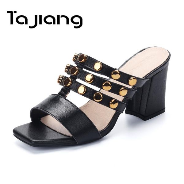 

ta jiang genuine cow suede leather women high heels summer gladiator sandals fashion slippers ladies rivets dress shoes woman, Black