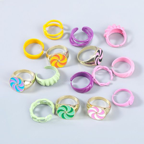 

retro colorful windmill y2k ring set open copper rings for women candy color hand painted ring jewelry, Silver