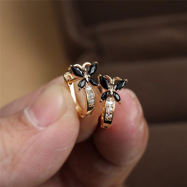 

hoop & huggie vintage black stone cute butterfly earrings for women wedding jewelry fashion gold/black/rose gold/silver color cz, Golden;silver