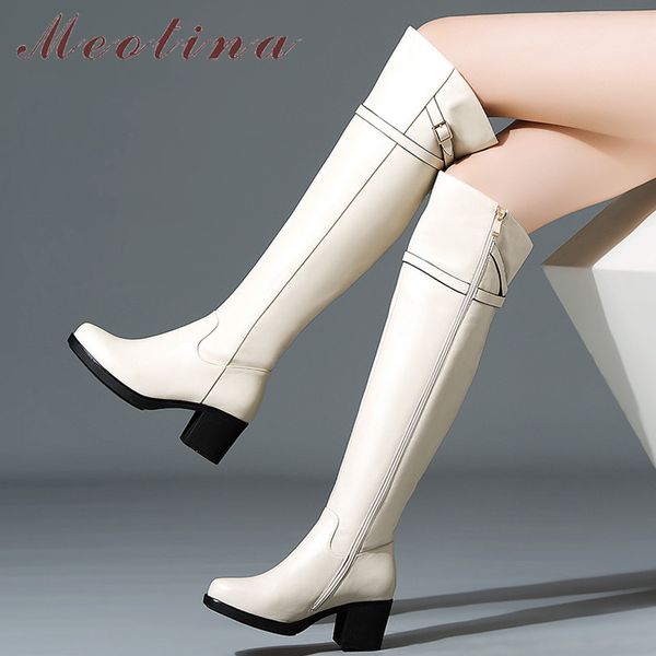 

meotina winter over the knee boots women natural genuine leather buckle chunky high heel long boots zip round toe shoes lady 39 210520, Black