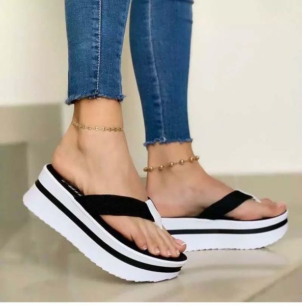 

slippers women's thick-soled flip-flops summer leisure slope heel ladies sandals and beach shoes women non-slip, Black