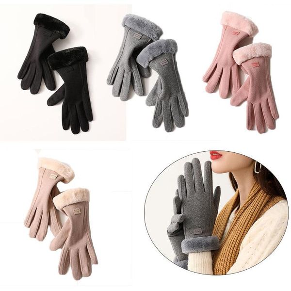 

five fingers gloves thicken warm touch screen plush full finger ski mittens women ridding, Blue;gray