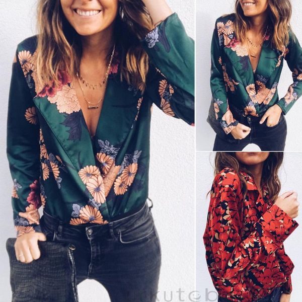 

autum fashion women deep v-neck bodysuit floral print romper long sleeve loose lady red green women's jumpsuits & rompers, Black;white