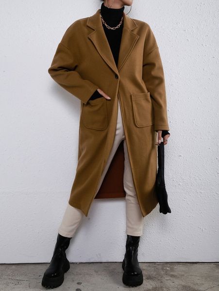 

lapel neck dual pocket drop shoulder single button overcoat p0tk#, Black