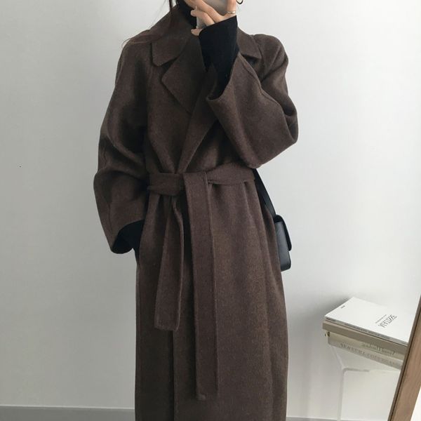 

women's jackets wool coat women autumn winter lazy style warm belt vintage loose woolen coats female casual cardigan long out 53dv, Black;brown