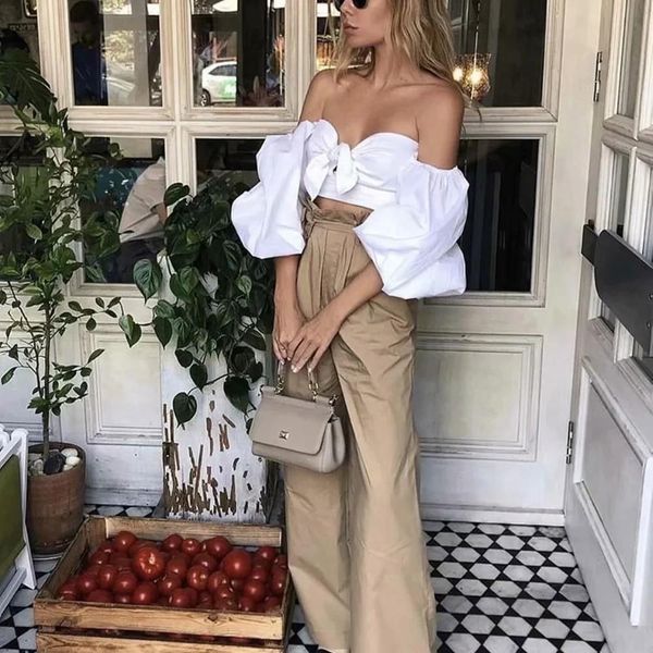 

women fashion slash neck bow back zipper shirts ladies puff sleeve solid mini shirt chic female club vestidos 210521, White