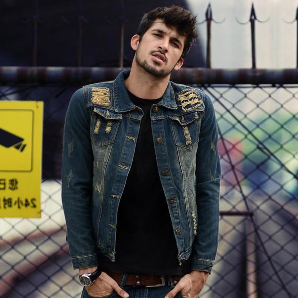 

men's jackets solid color men denim jacket fashion spring and autumn simple washed slim fit retro blue hole jeans coat, Black;brown