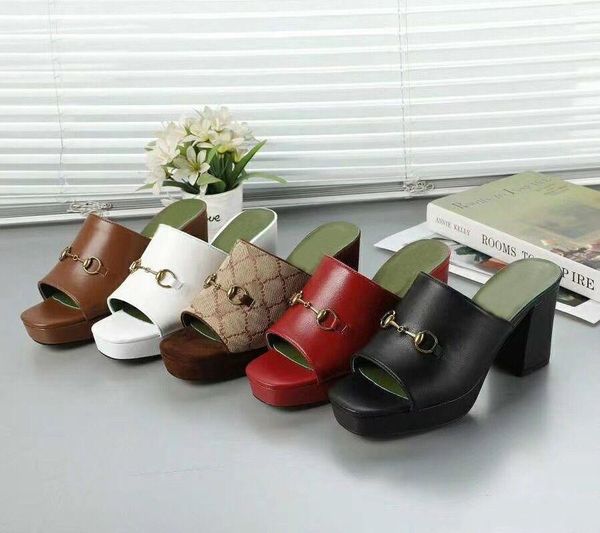 

genuine leather high heel half slippers gold buckle fashion women slides summer sandals big size 35-42, Black