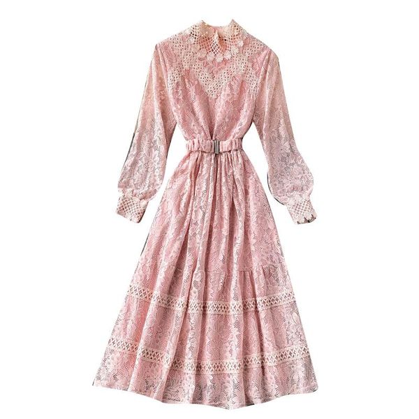 

casual dresses 2021 spring autumn women stand collar long sleeve slim dress hollow out patchwork lace, Black;gray