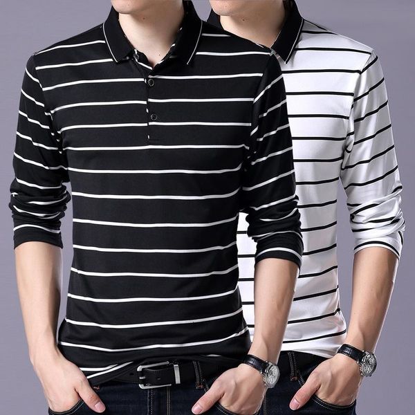 

men's polos long sleeve t-shirt lapel slim shirt business casual fashion black and white stripe wear, White;black