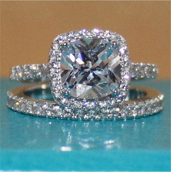 

cluster rings vintage 925 sterling silver simulated diamond for women luxury design wedding anniversary ring finger set 2-in-1 jewelry, Golden;silver