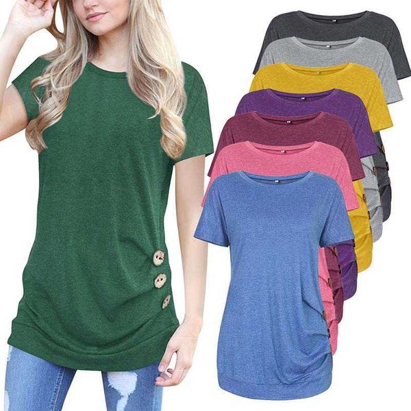 

s-2xl solid summer women t-shirt casual o-neck short sleeve ruched button harajuku lady tees plus size w259 210526, White