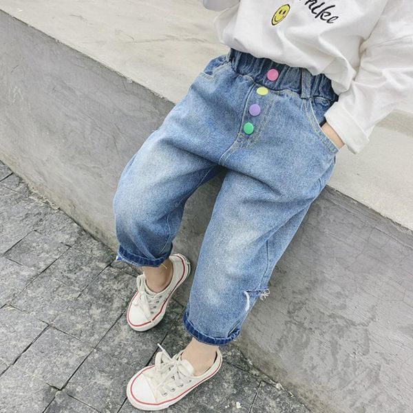 

lucashy trendy children jeans four season baby girls denim long trousers color buttons design pants for kids 2021 shorts, Black