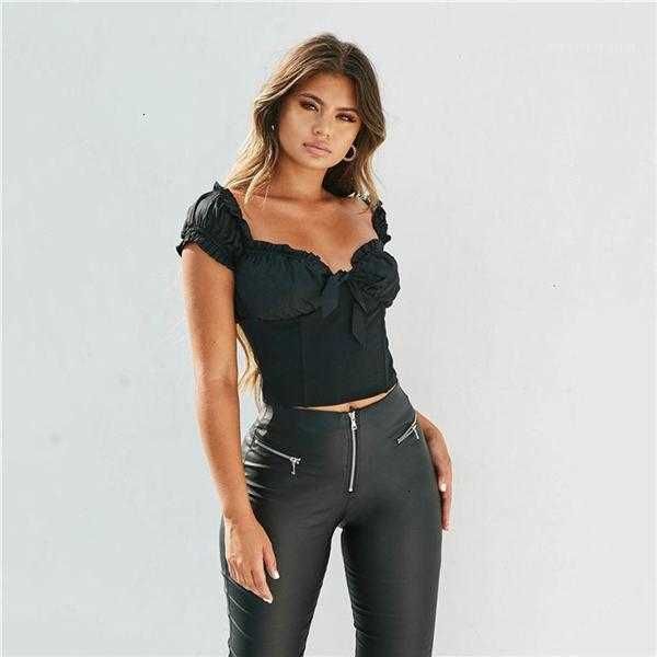 

women's t-shirt short sleeve ruffle bow knot lace up tees pullovers high street femme clothes off shoulder womens crop t shirts summer, White