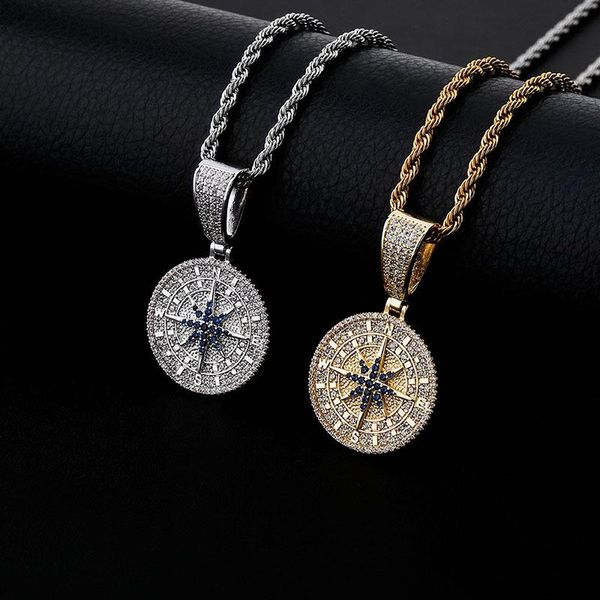 

pendant necklaces hip hop geometric round compass for men women gold silver color chain pave zircon rapper jewelry