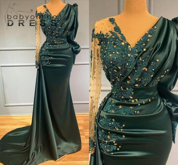 

stunning dark green mermaid evening dresses v neck beads appliques crystals pleats sheer sleeves long party occasion prom gowns bc10945, Black;red