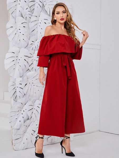 

solid ruffle trim belted wide leg jumpsuit 73x6#, White