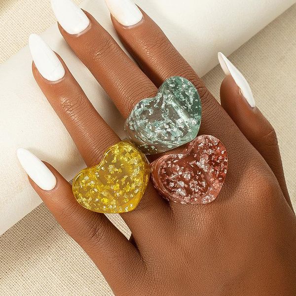 

fashion colorful transparent acrylic heart rings for women summer finger accessories chunky freshing ring girl 2021 cluster, Golden;silver